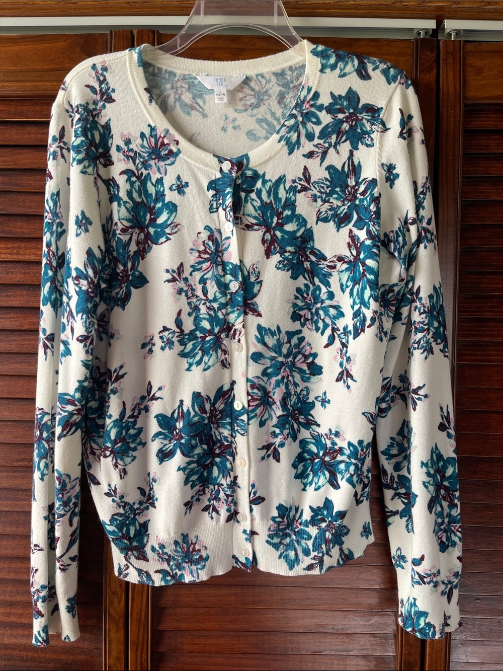 Time and Tru Cream Cardigan with Teal and White and Maroon Floral Print